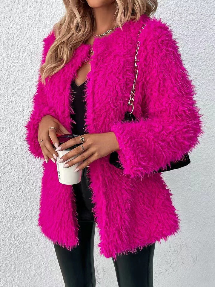 Cardigan rouge d'automne Coat fluffy couleur solide
