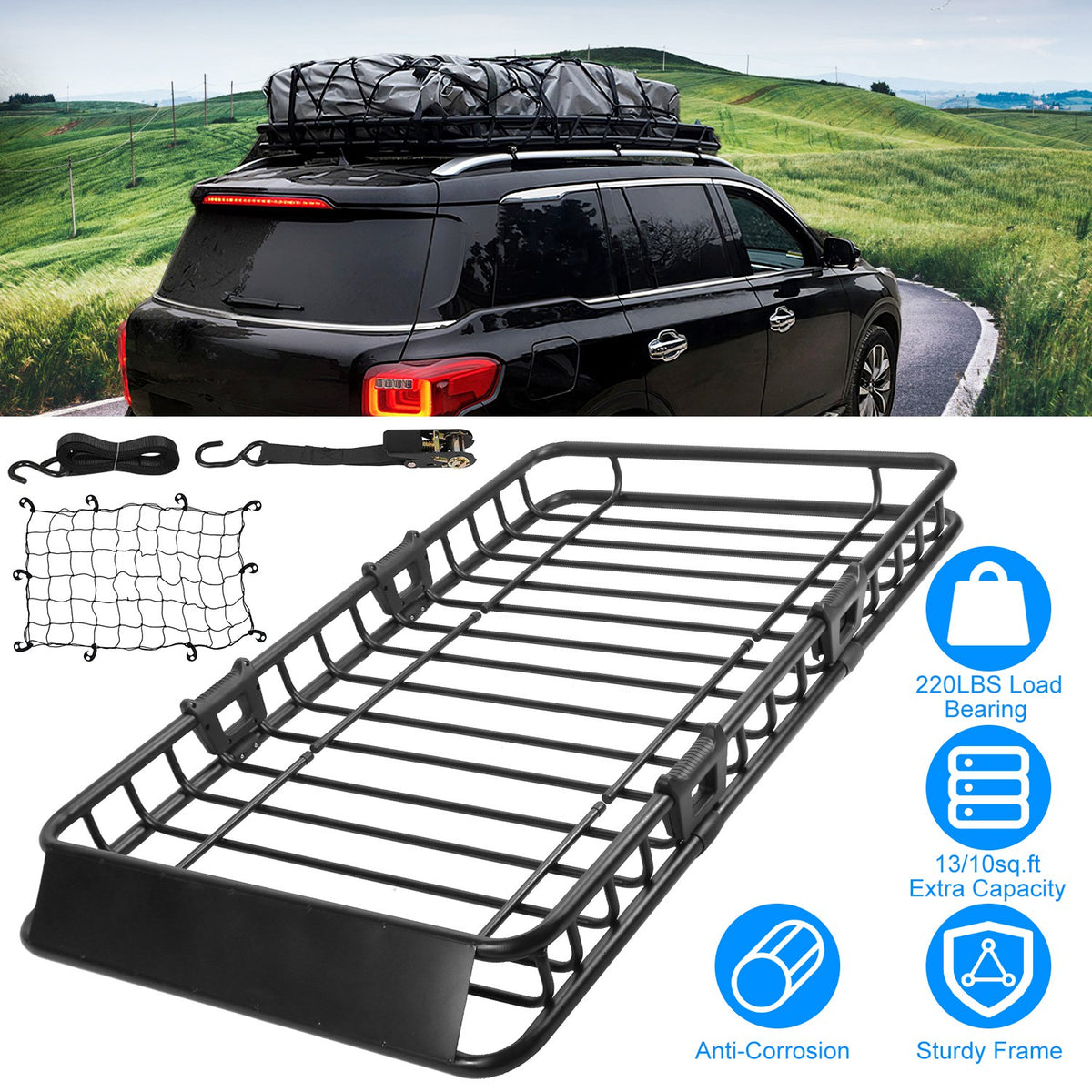 1Pc 63x39x6.3 dans le panier universel de porte-bagages de porte-bagages de porte-bagages avec crochet