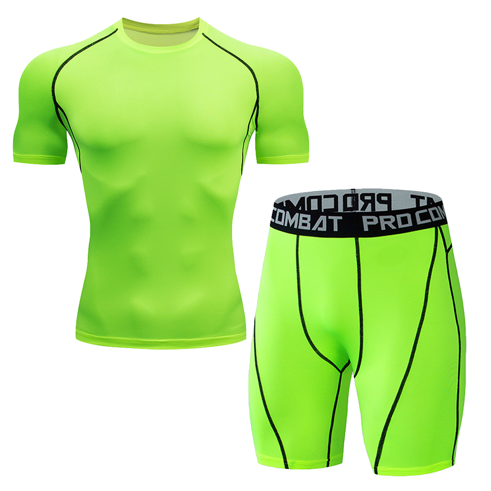 Hommes Quick Dry Compression costume 2 pièces Athletic Short Sleeve Tight Chemise Elastic Waist Sp