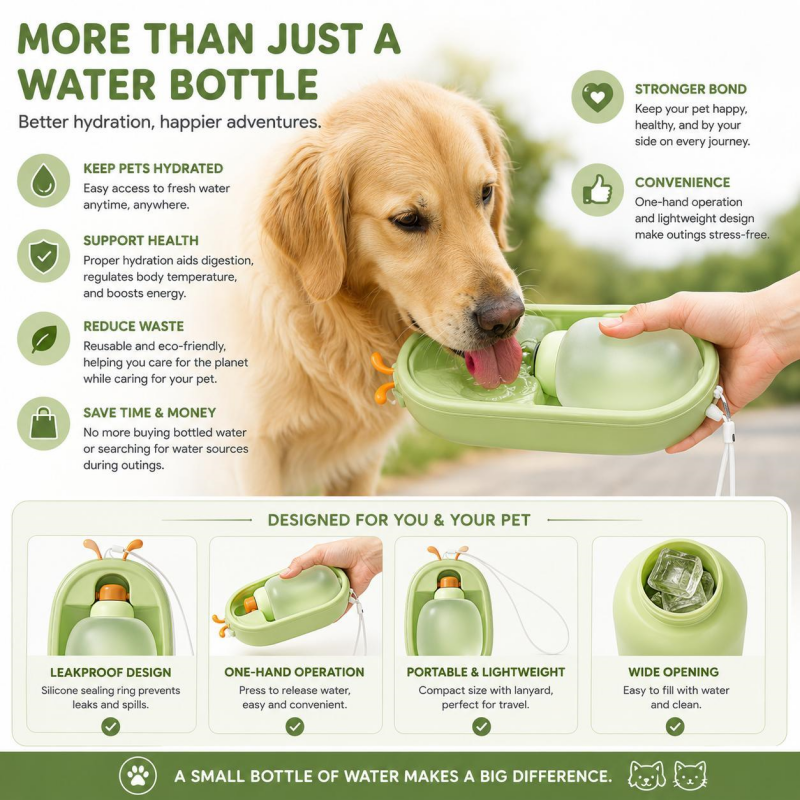 Bouteille d'eau portable pour animaux de compagnie avec des bois mignons