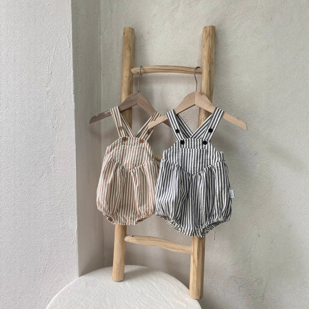Unisex short-sleeved striped rompers with suspenders for summer