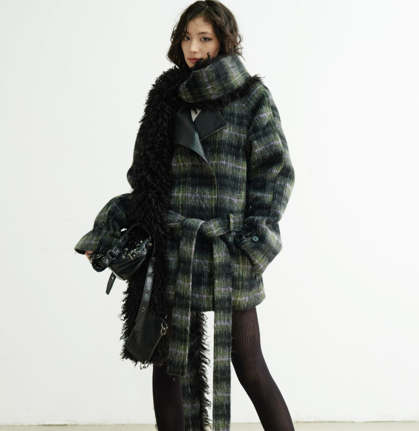 Manteau en laine de couleur mélangée en écharpe ultra-long