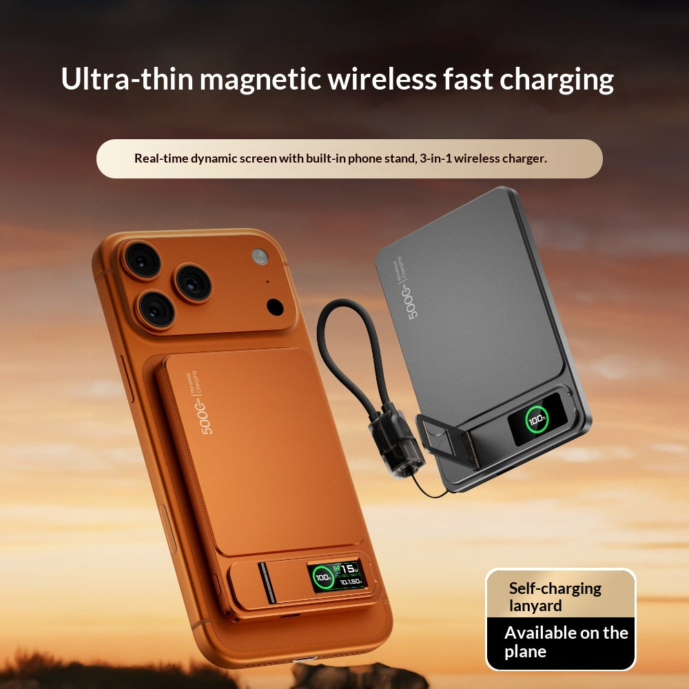 Batterie externe ultra-mince avec support d'écran couleur et charge magnétique sans fil
