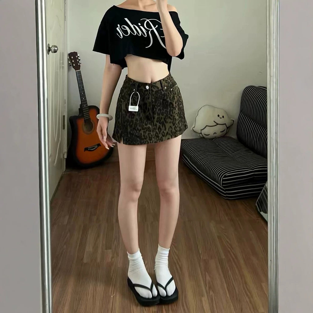 Leopard-print Femmes shorts de jupe d'été avec un style de carrosserie fente