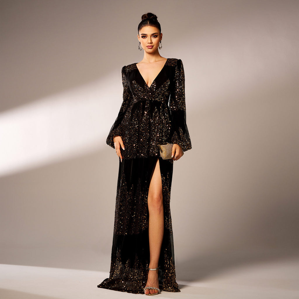 Manches longues Col V Sexy Robe de soirée longue pailletée