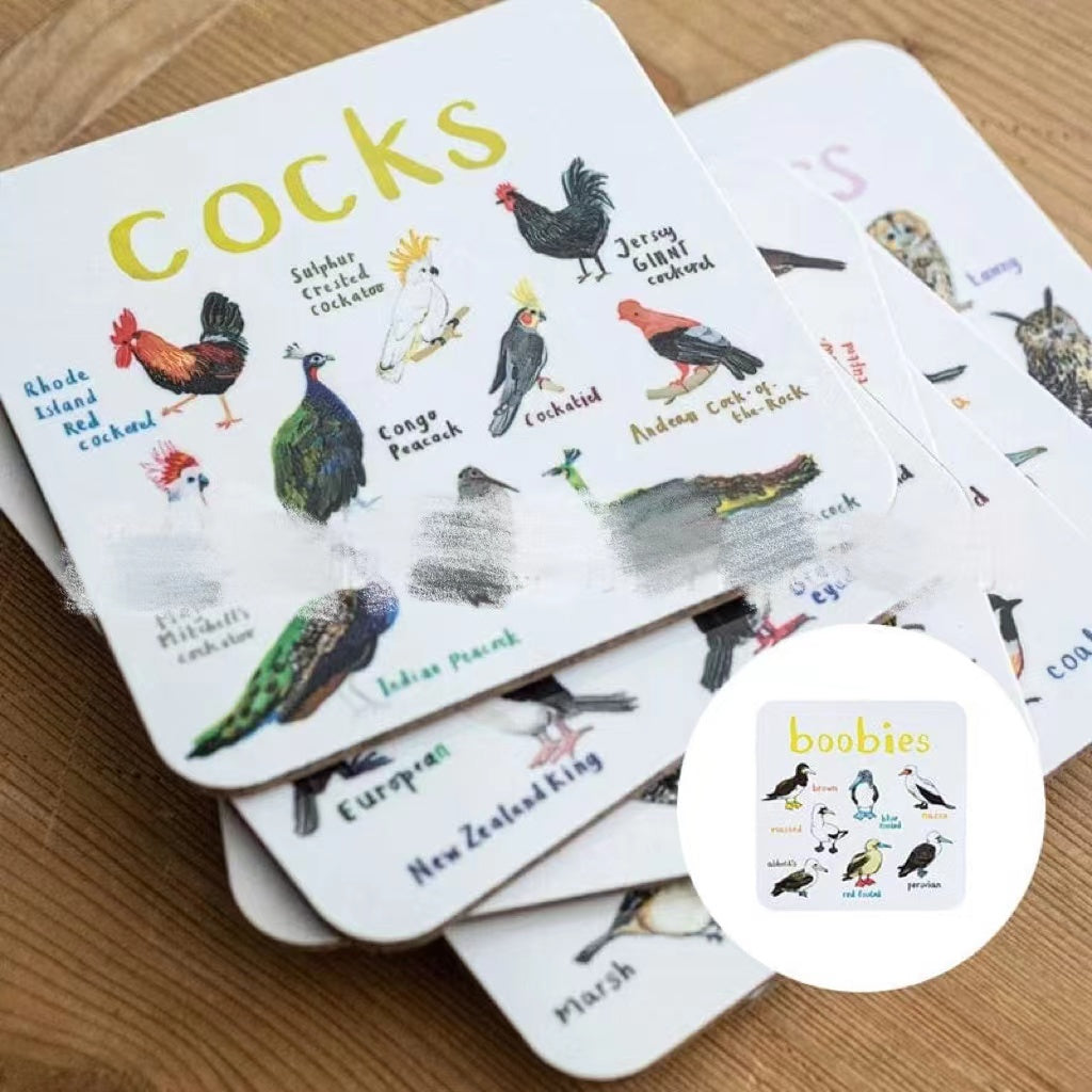 Sous-verres de pun d'oiseau Fun Square Boissons sous-verre pour enfants Tapis de coupe en bois et PVC Accueil Kitch