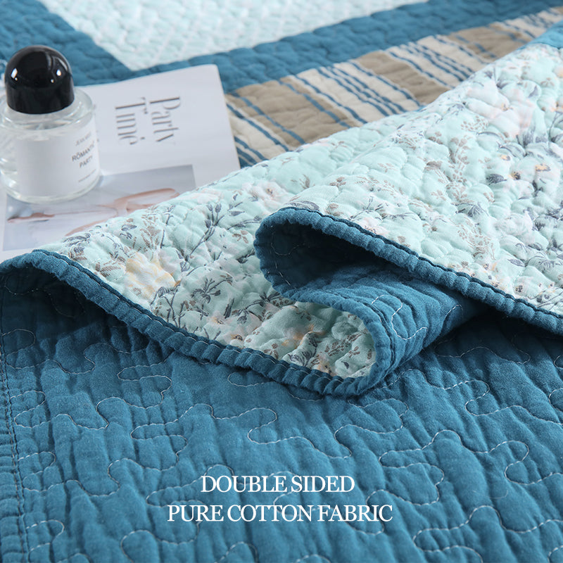 90x98 & 98x106 3 pièces Teal Blue Patchwork Comforter Set Paisley Floral Stripe Print