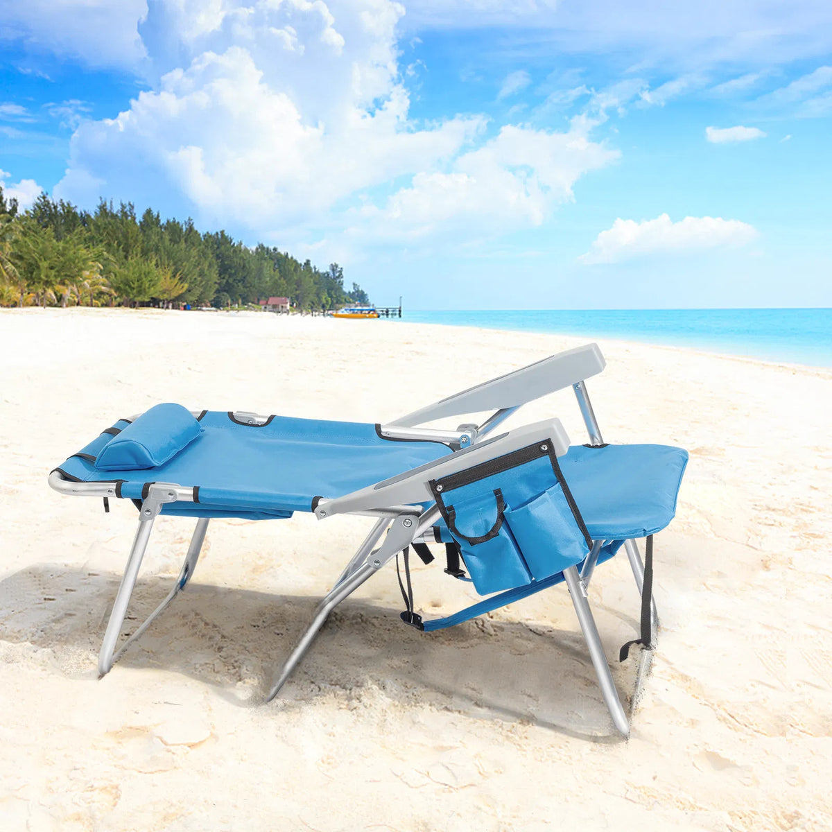 63*70*99cm Élevé Oxford Clot Argent Blanc Aluminium Tube roulement 100kg Chaise de plage Bl