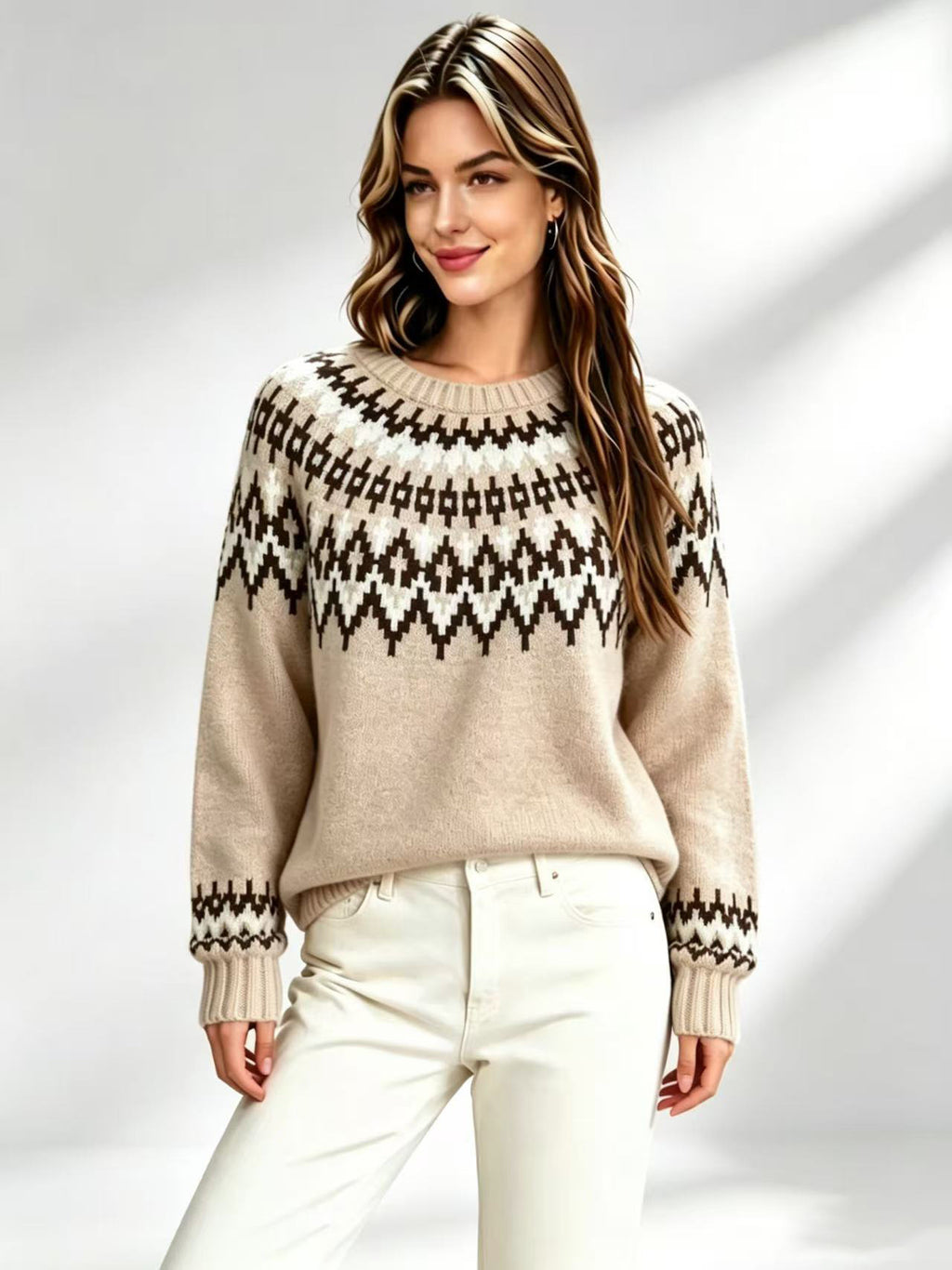 Femmes Retro Fair-Isle Knit Crew-Neck Sweater