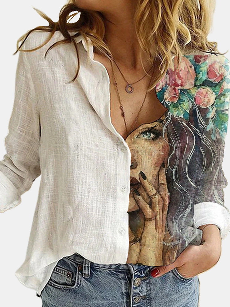 European and American Summer Fashion Women's Loose Style Retro Cartoon Digital Printed Lon