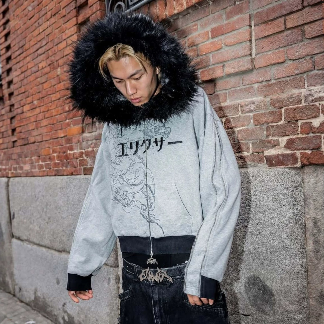 Sweatshirt imprimé à capuche à capuchon en collier de fourrure pour homme