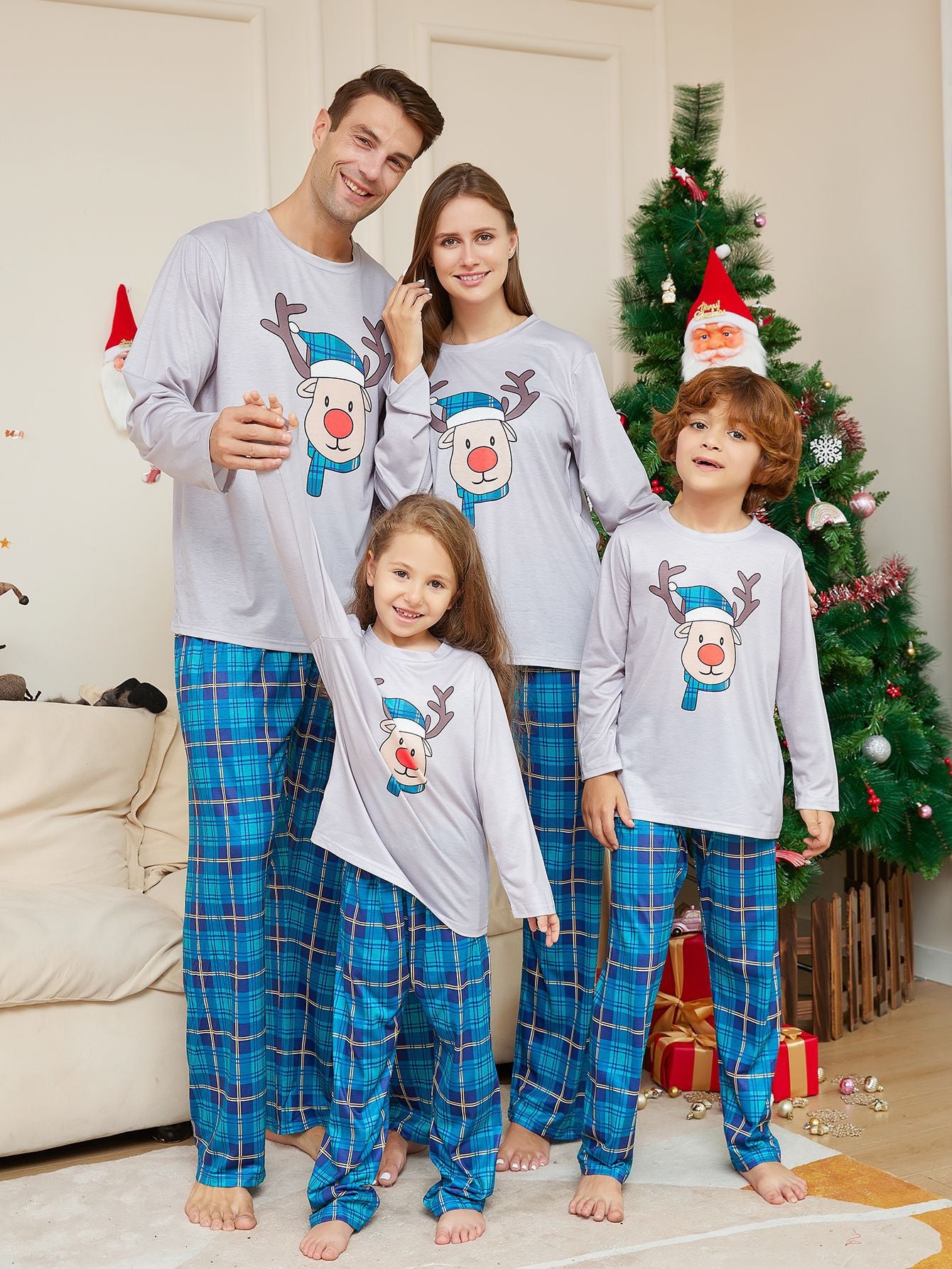 Pyjama à manches longues, tête bleue de cerf de Noël
