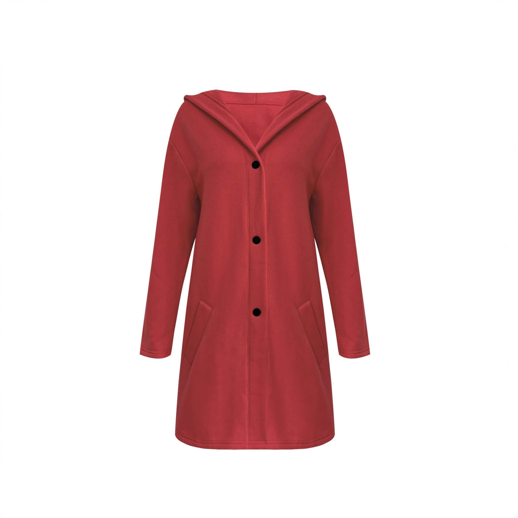 Femmes Bouton à capuche Cardigan à manches longues Loose Mid Longueur Coat Casual Outerwear avec