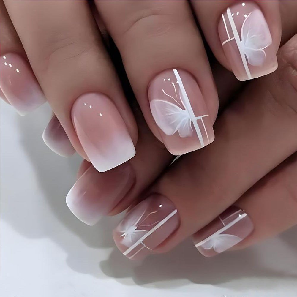 24 pièces Short Square Rose Jelly Nail Polonais avec Gradient Butterfly Design Nail Set. Suita