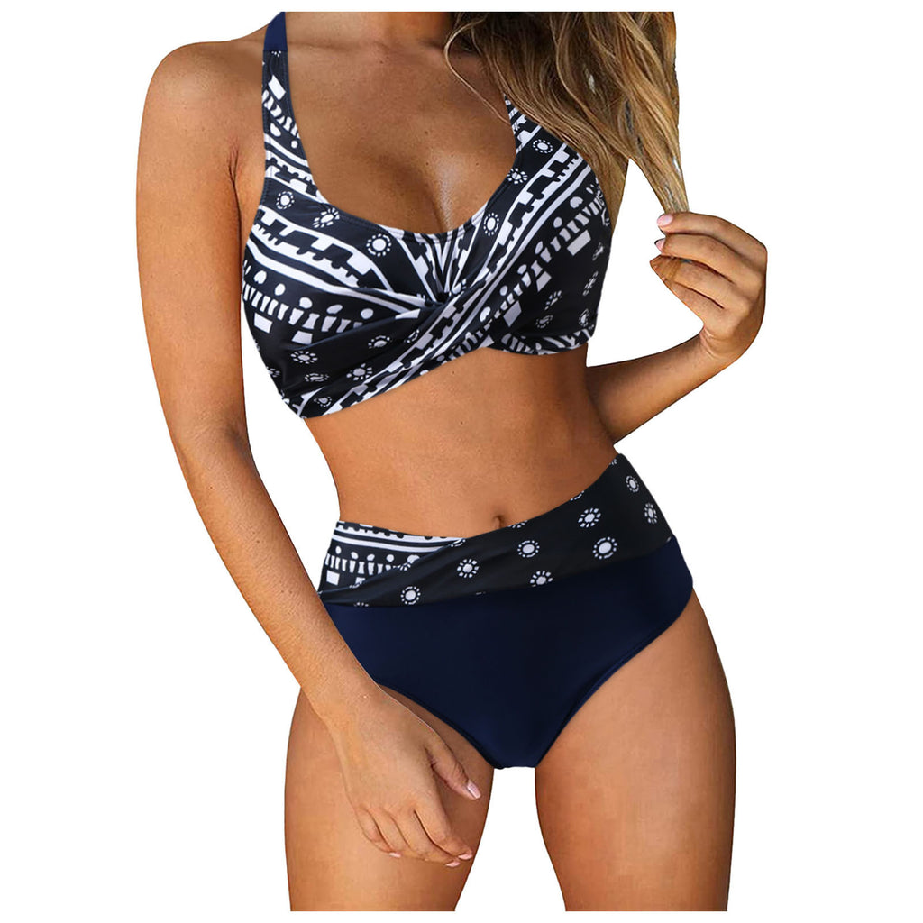 Maillot de bain deux pièces pour femmes - Bikini imprimé floral avec fond haut coupé et haut de push up