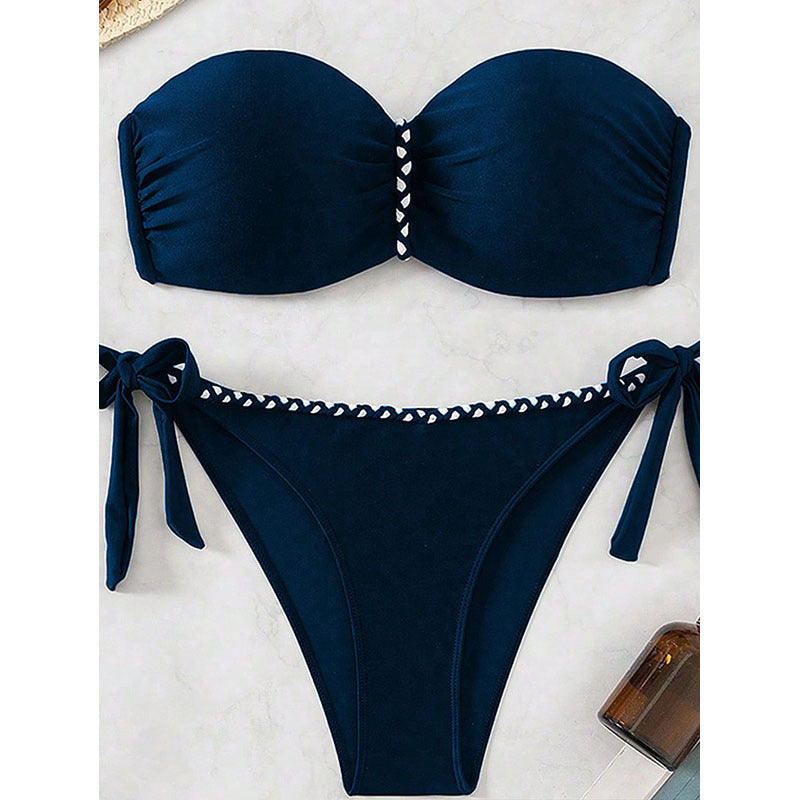 Strapless de couleur solide Sexy Chic Dentelle-up Bikini Beach Maillots de bain
