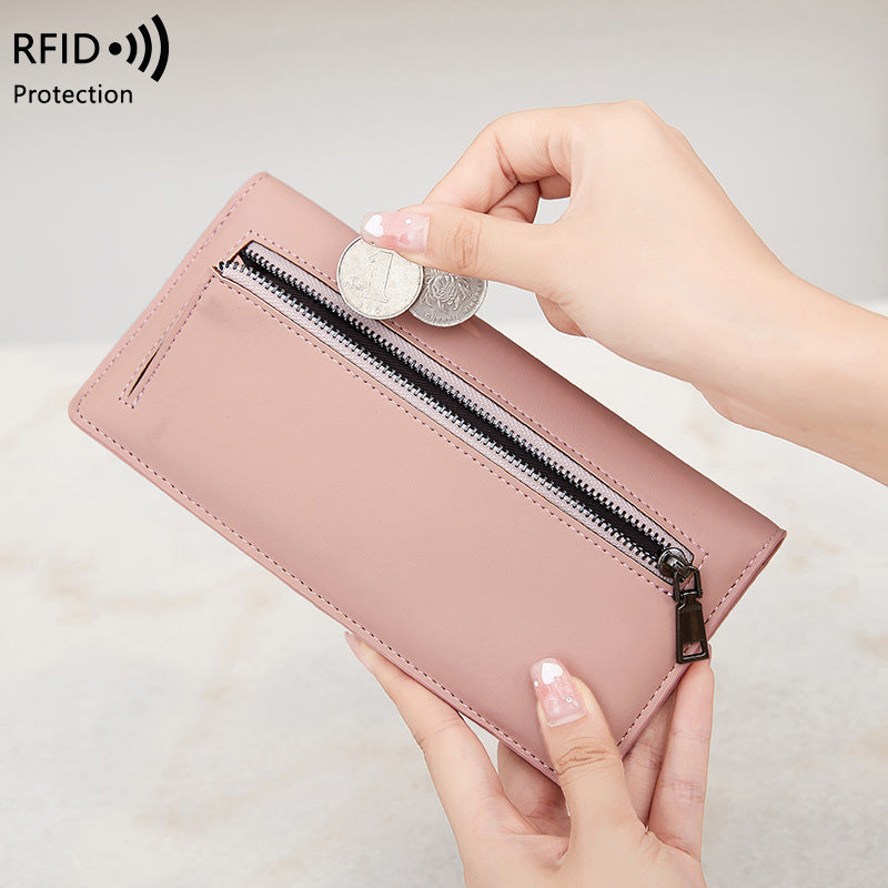 RFID Portefeuille antivol PU simple portable avec fermeture éclair et plusieurs fentes de cartes
