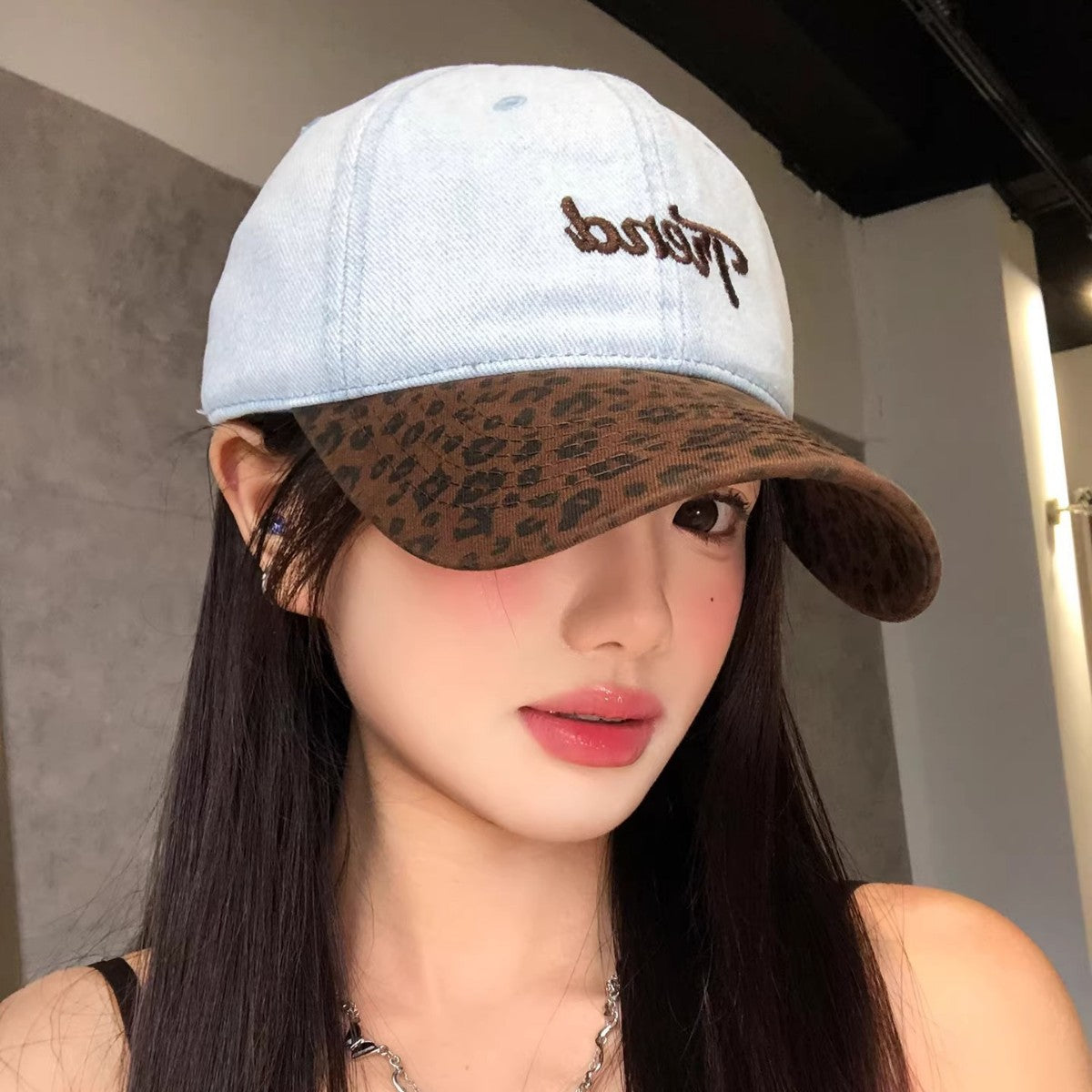 Femmes American-style Leopard Leopard-print Leopard-print Denim Baseball Cap
