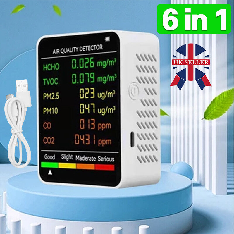 6 Dans 1 moniteur de qualité de l'air Home Office Compteur CO2 HCHO-CO TVOC PM2,5 10 Détecteur