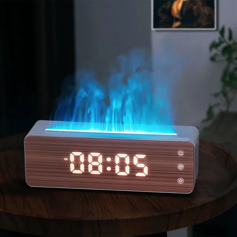 Maison poisson Humidificateur de flamme Aromathérapie Machine avec Horloge Affichage de l'humidité Lampe d'atmosphère