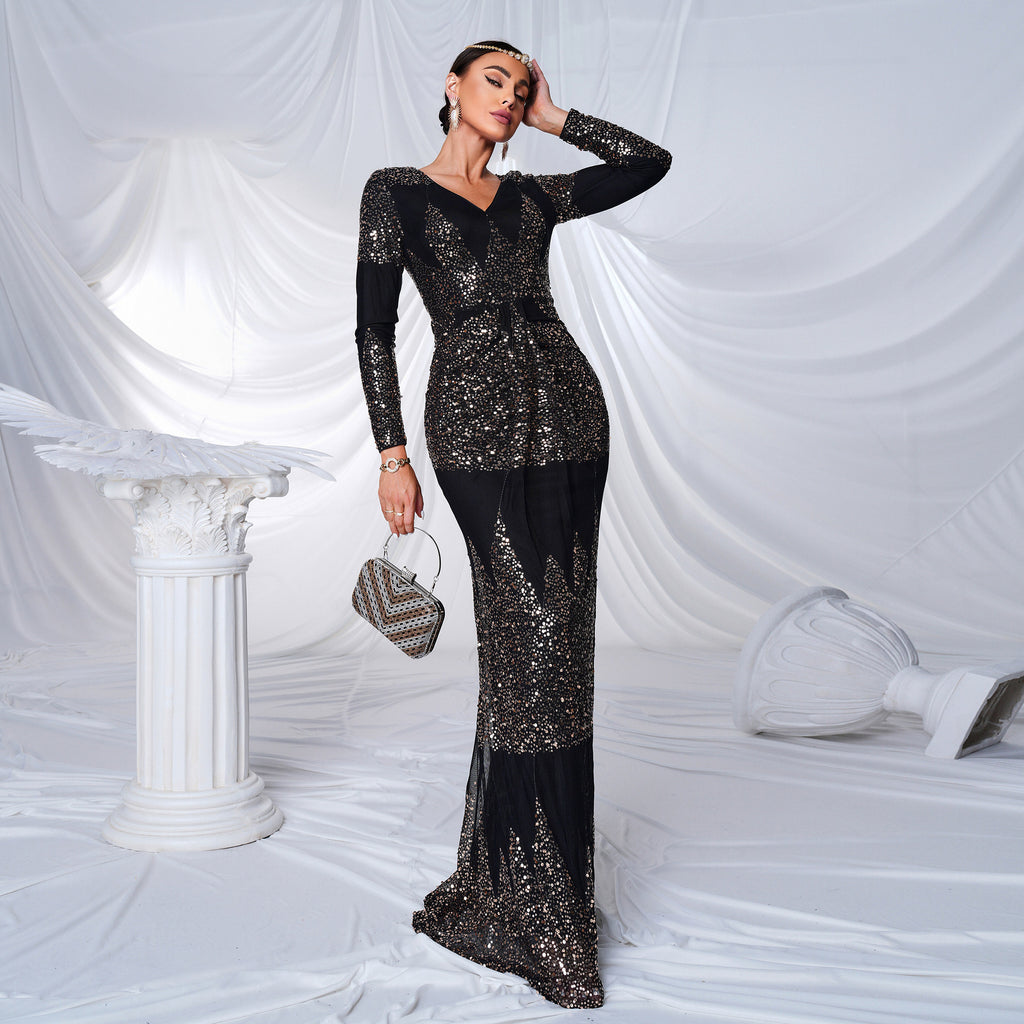 Manches longues col V Sexy Slim-fit Long Sequined Banquet Robe de soirée