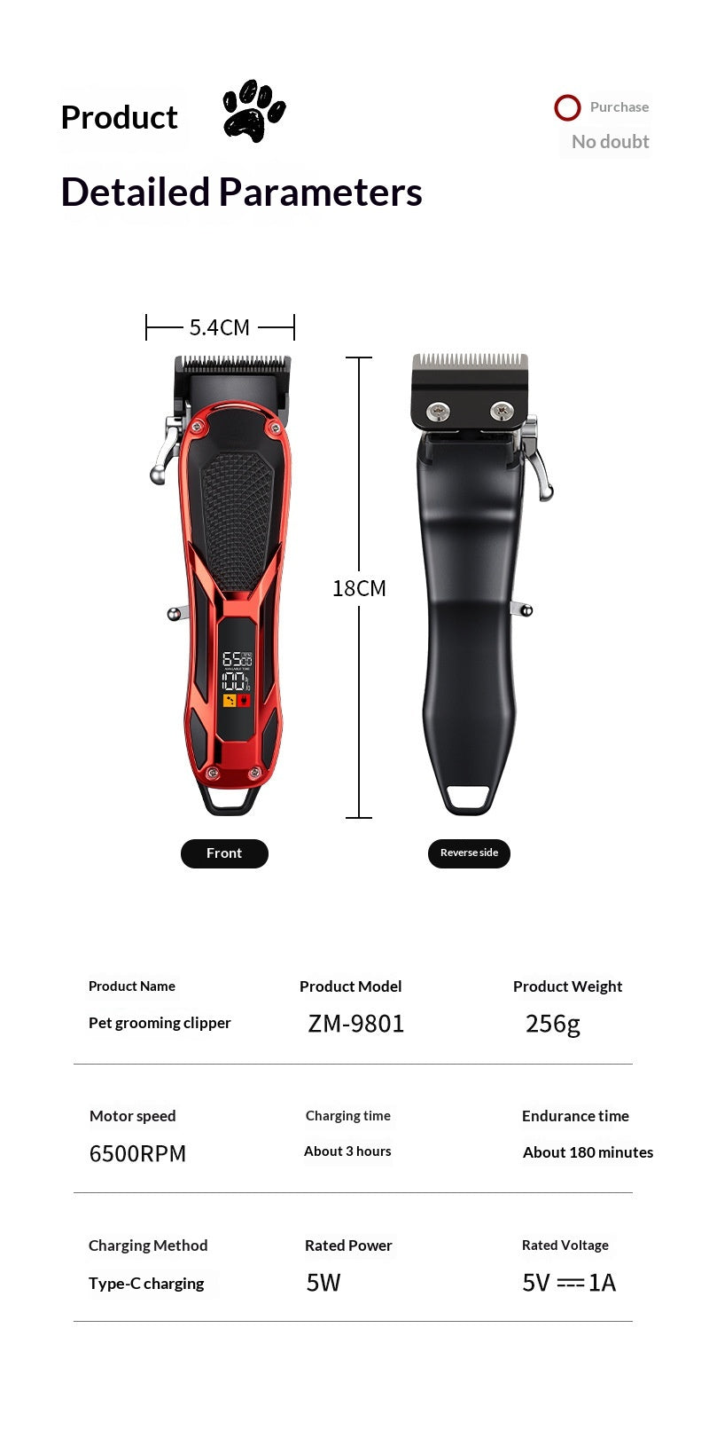 Clipper professionnel haute puissance à faible bruit pour animaux avec affichage de batterie