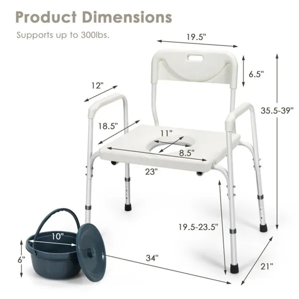 Chaise Commode 3-en-1 (34" x 21" x 35,5"-39" )Seau amovible