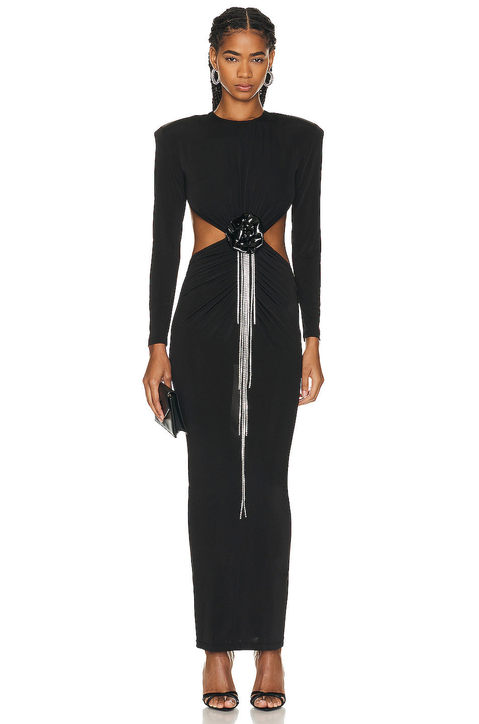 Sexy Backless Noir manches longues Hollow Flower Tassel Robe de décoration