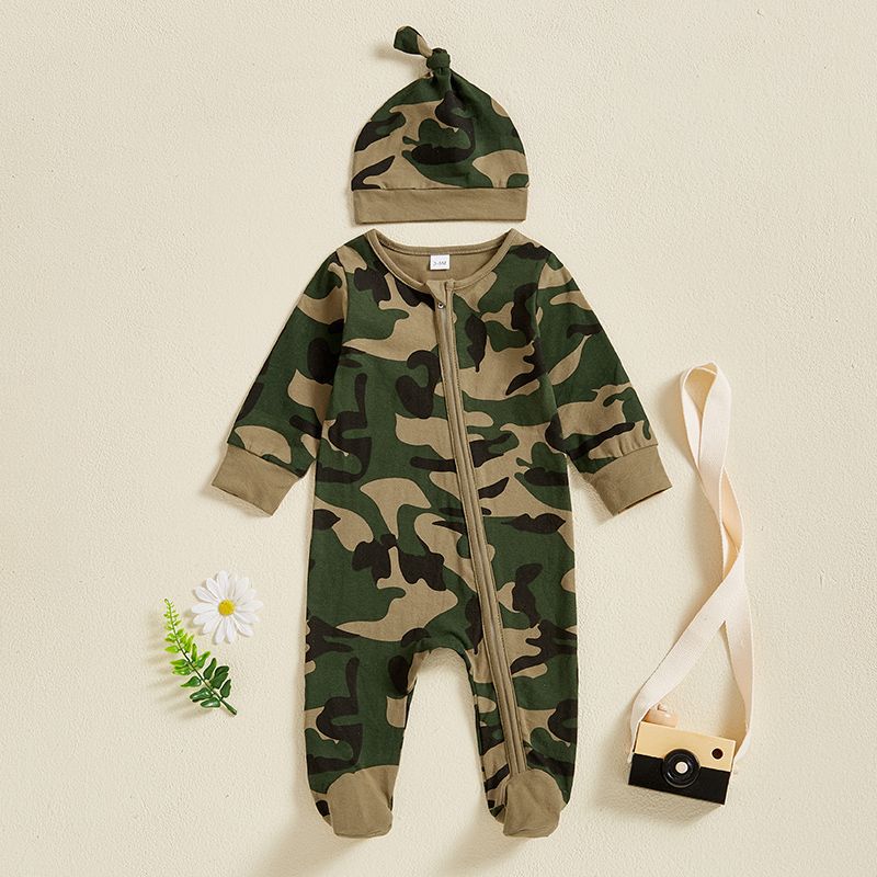 Creative Camouflage Print Zip-Up Baby Onesie et Hat Set