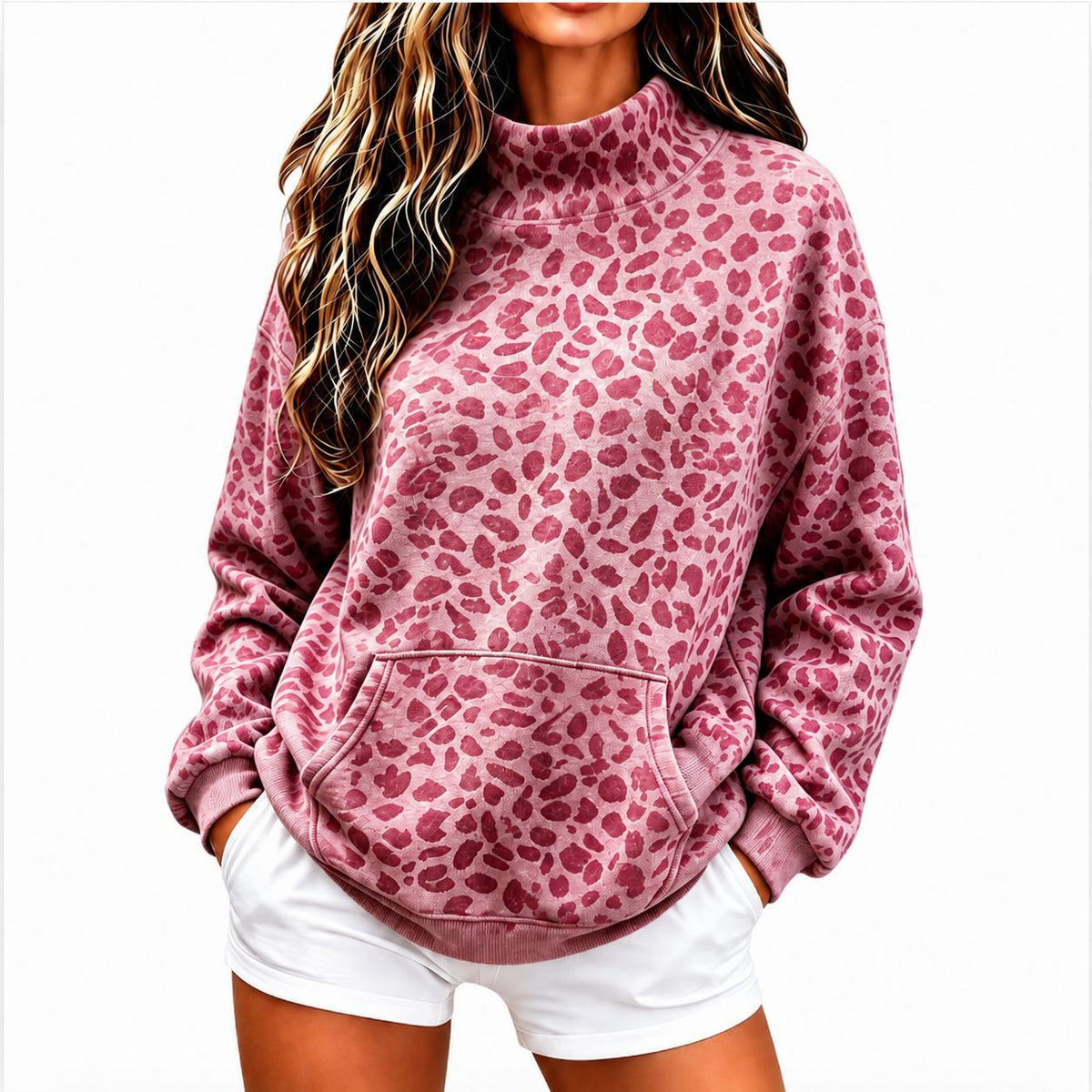 La mode européenne et américaine Leopard Imprimer Sweatshirt à col élevé pour les femmes