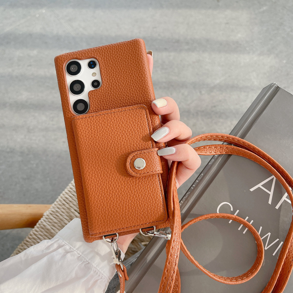 S23Ultra Lychee Carte Pattern Gauche et Droite Étui de téléphone Crossbody ouvert