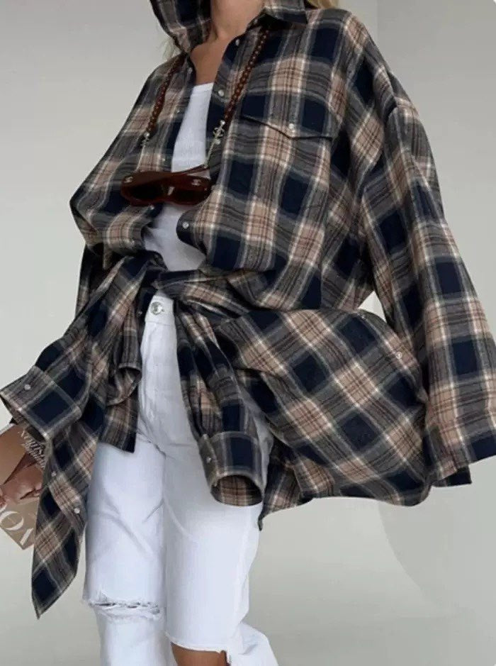 Chemise pour femme d'Amazon Ozon Style rétro enroulé Printemps Automne Hiver Plaid Poche à manches longues