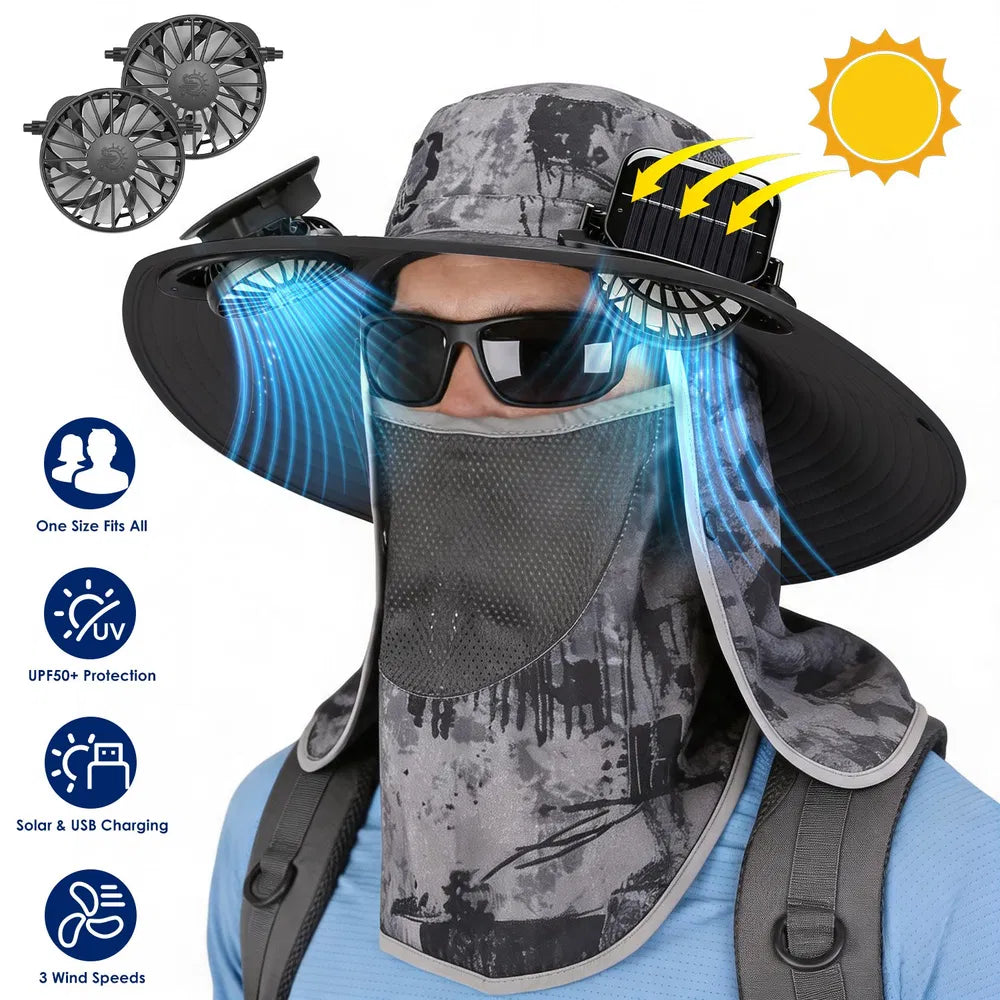2 En 1 Solar Fan Hat UPF50 & Sun Hat avec des ventilateurs large Brim Chapeau de pêche avec couvercle de visage