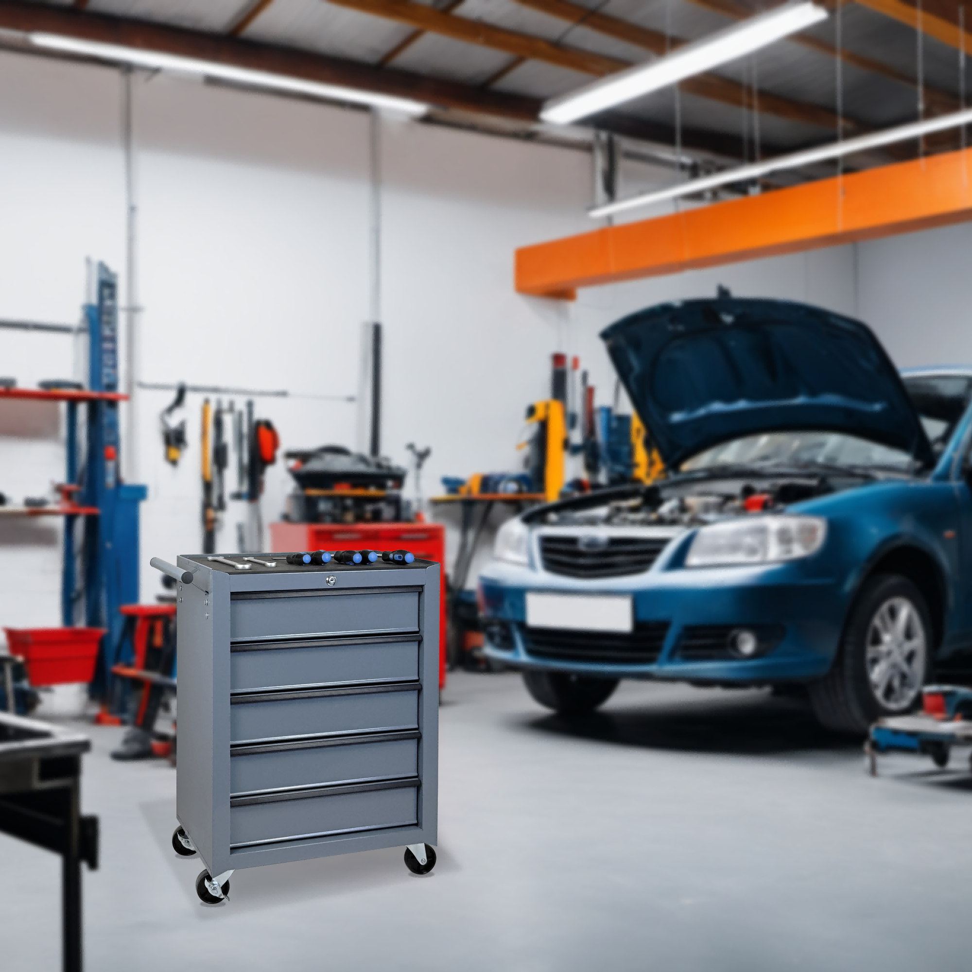 Armoire de stockage d'outils à rouleaux de 5 tiroirs avec boîte à outils amovible