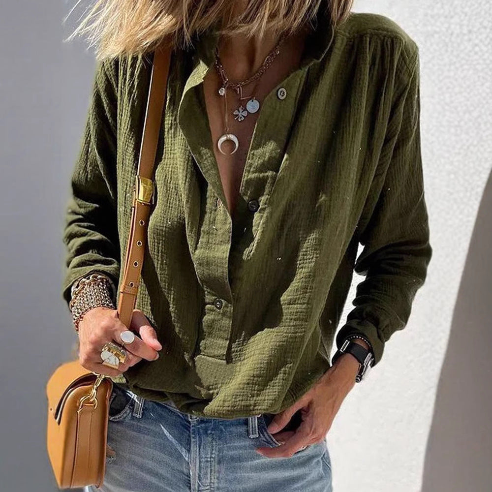 European and American Spring Women's Casual Loose Fashion Long Sleeve Cotton Chanvre Solid Co