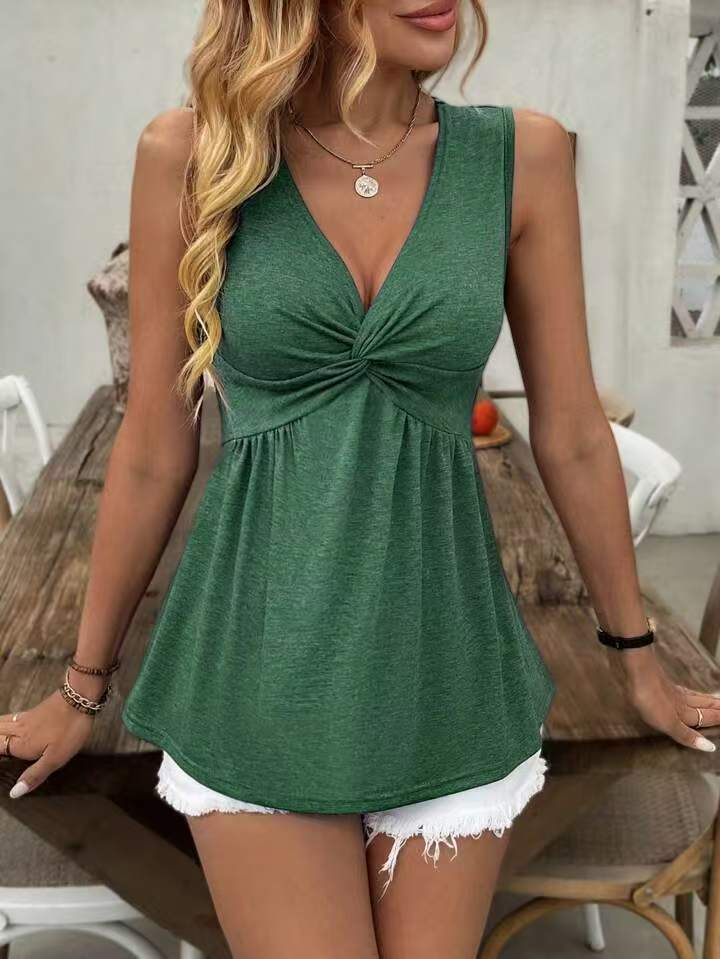European And American Sleeveless V-neck Design avec une poitrine tordue et ridée