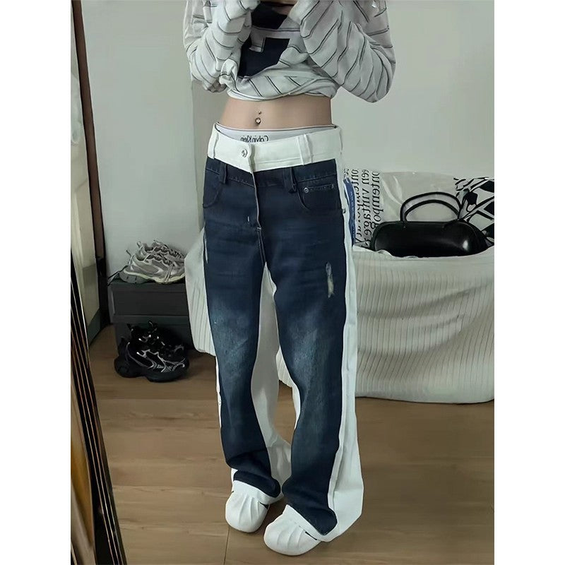 Hommes style américain Lavé bleu et blanc patchwork Denim Jeans