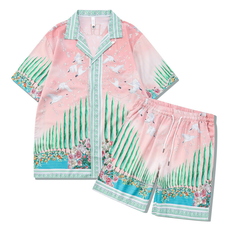 European and American High Street Imprimed Shirt Suit Light Luxury Cuban Collar Shirt Short