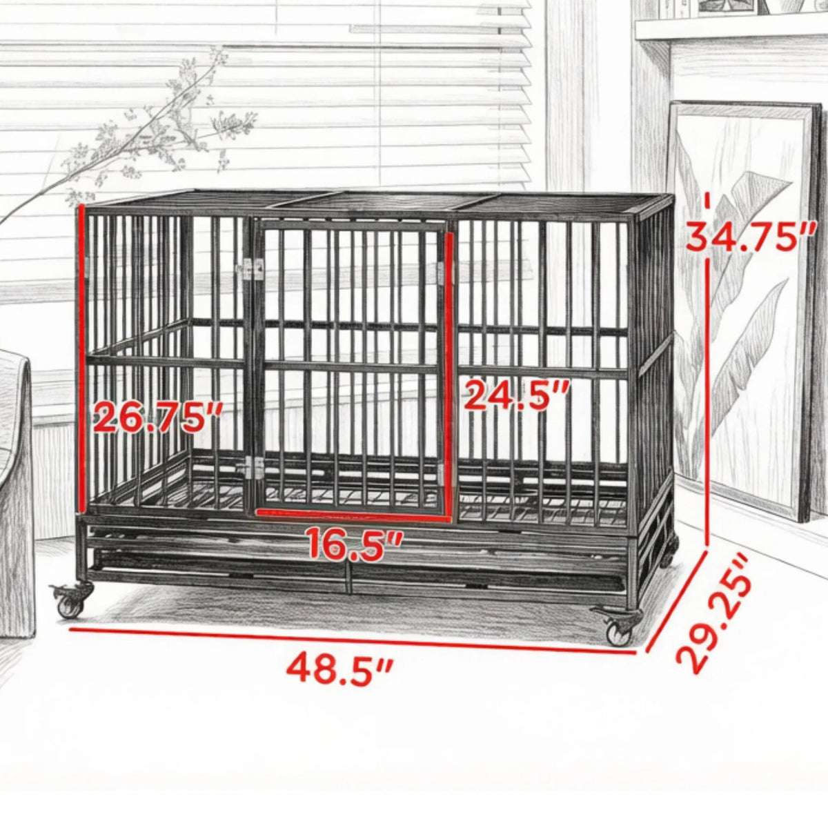 Kennel de cage de chien en métal de 48" avec roues verrouillables Double porte amovible gris