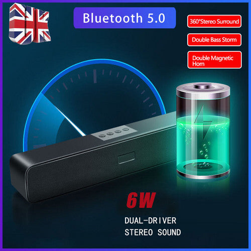 Bluetooth Sound Bar TV sans fil Soundbar 3D Home Theater Subwoofer 2 SpeakersUK