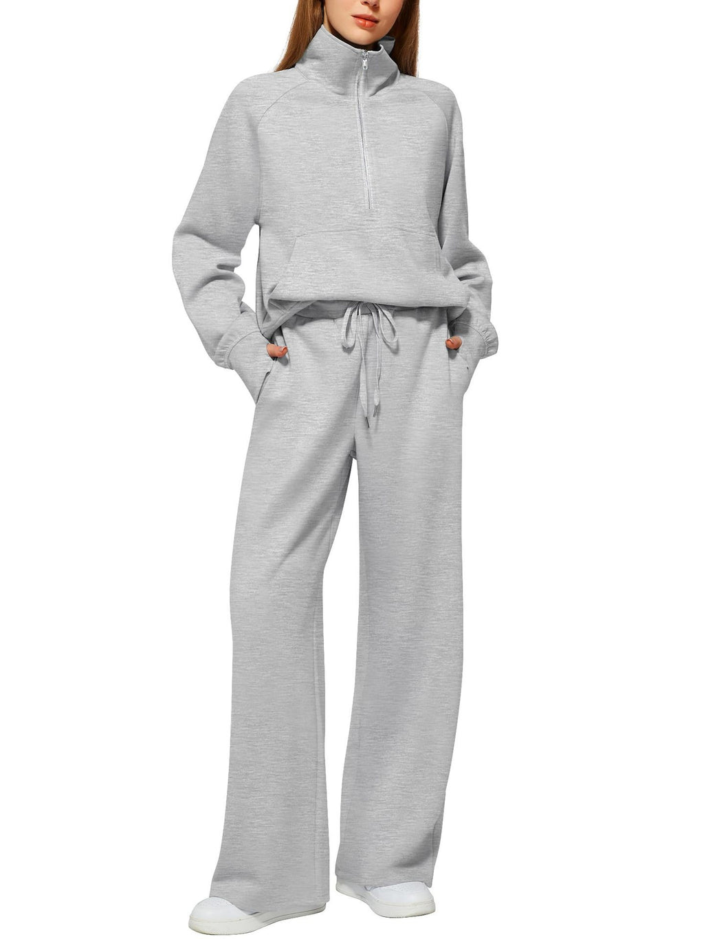 European and American Amazon Women's Two Piece Set Sweatshirt surdimensionné demi-zip Wide-Leg