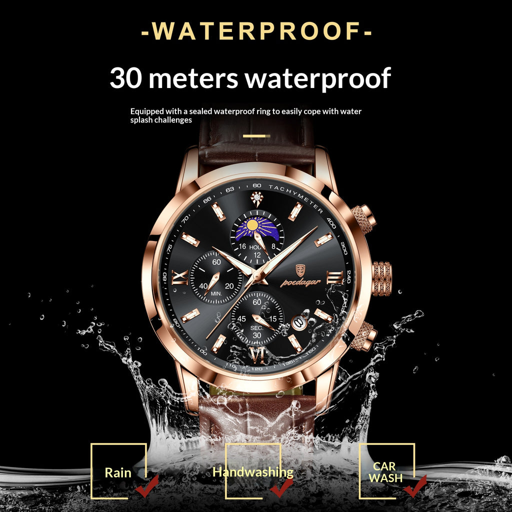 Montre homme avec phase lune et chronographe multifonction