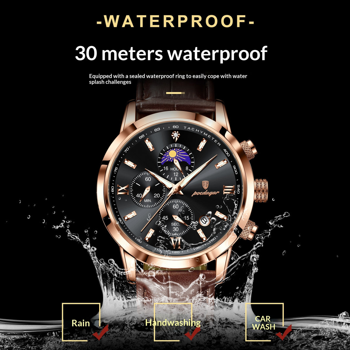 Montre homme avec phase lune et chronographe multifonction