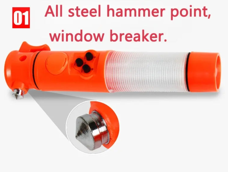 Hammer multifonctionnel rouge et jaune pour la sécurité automobile avec lampe de poche