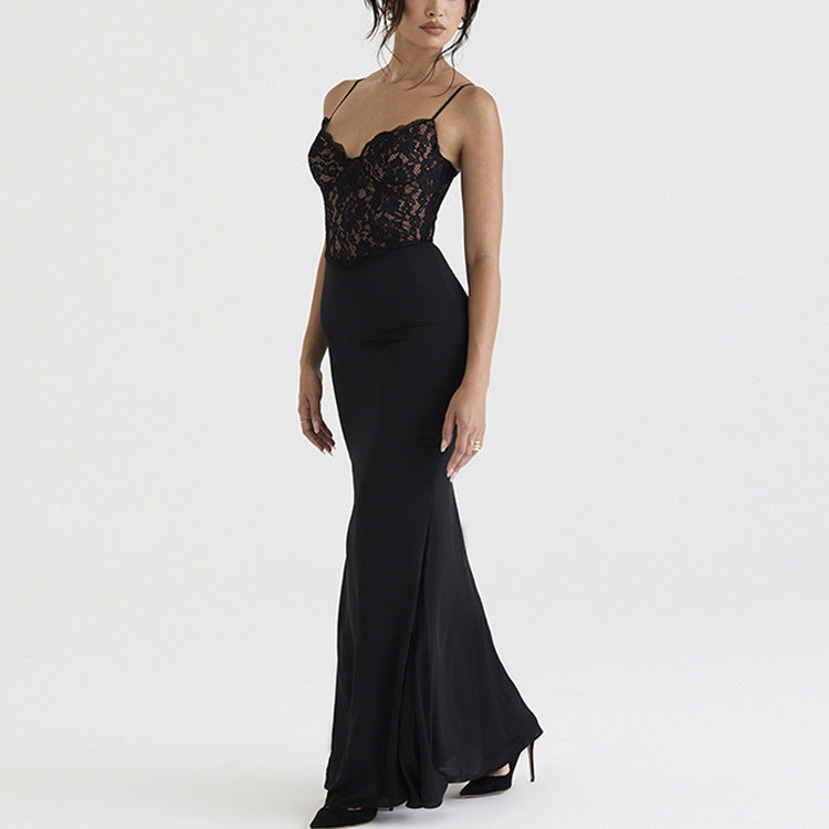 High Waist Lace Deep V Strap Fishtail Maxi Dress