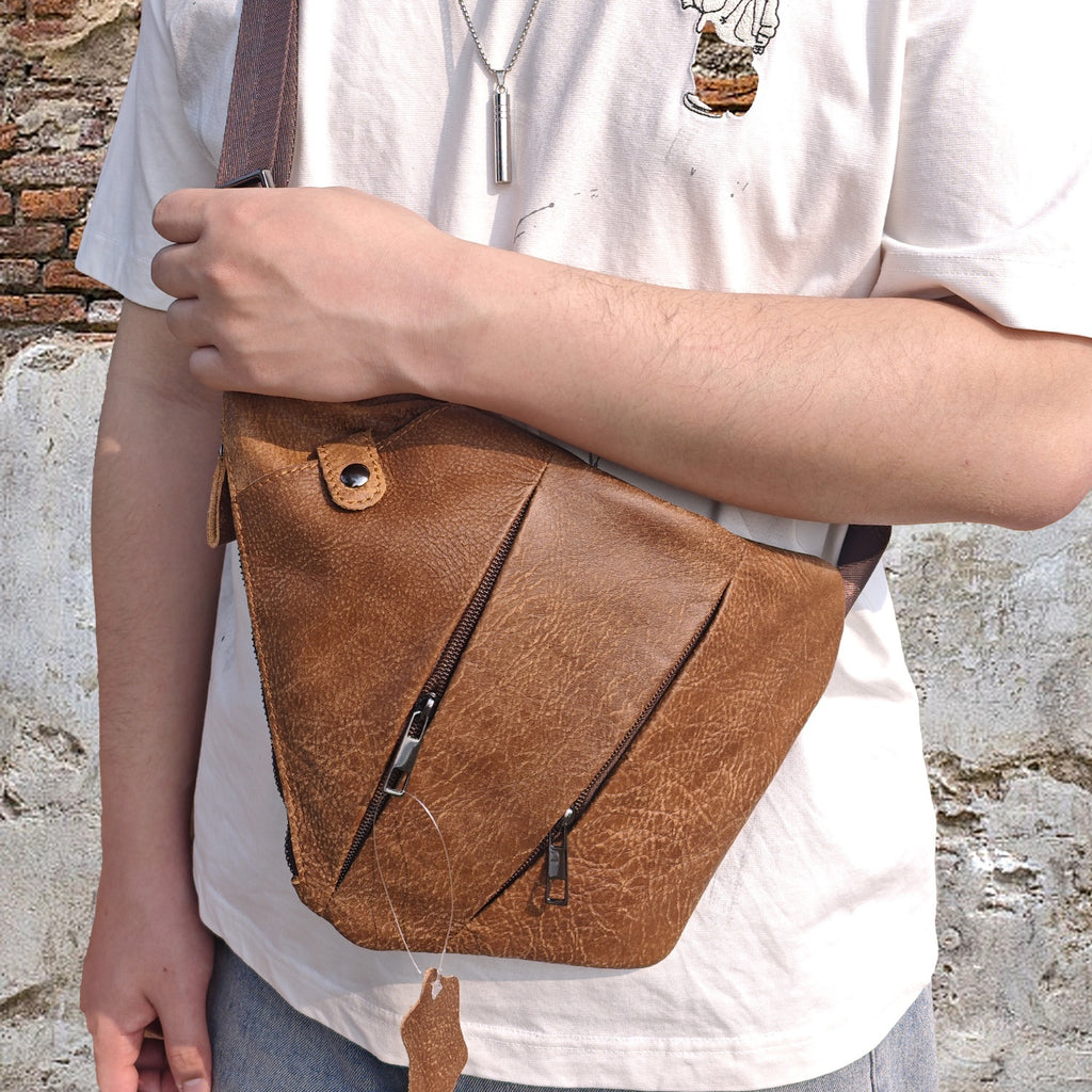 Véritable sac de poitrine en cuir multi-poches en cuir