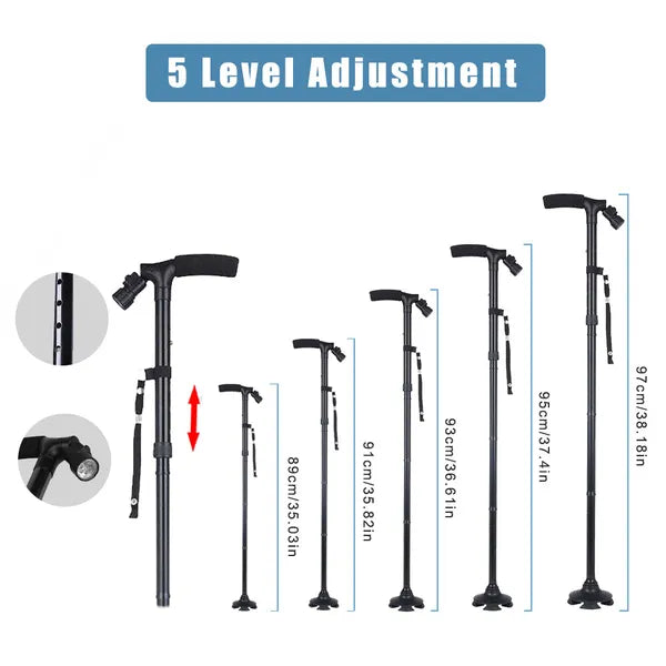 Bâton de marche LED Sécurité de la canne Tous les terrains pivotant Base pliant Cane Voyage