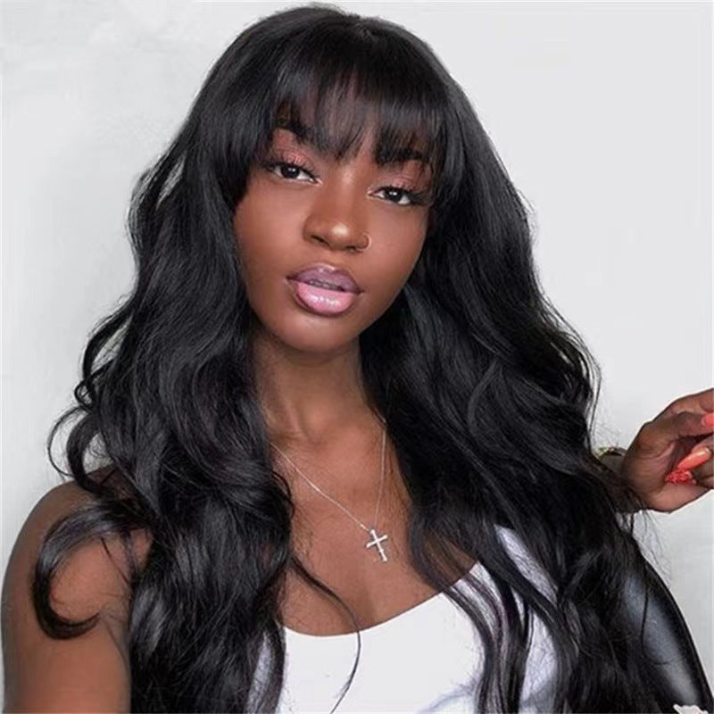 Perruque féminine Air Bangs Long Curly cheveux Big Wave Roll noir Moyen chimique cheveux fibre
