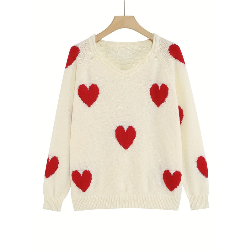 Crème Casual Overzied Blanc Tout sur le coeur rouge Pattern longue manches tricot dessus pour les femmes