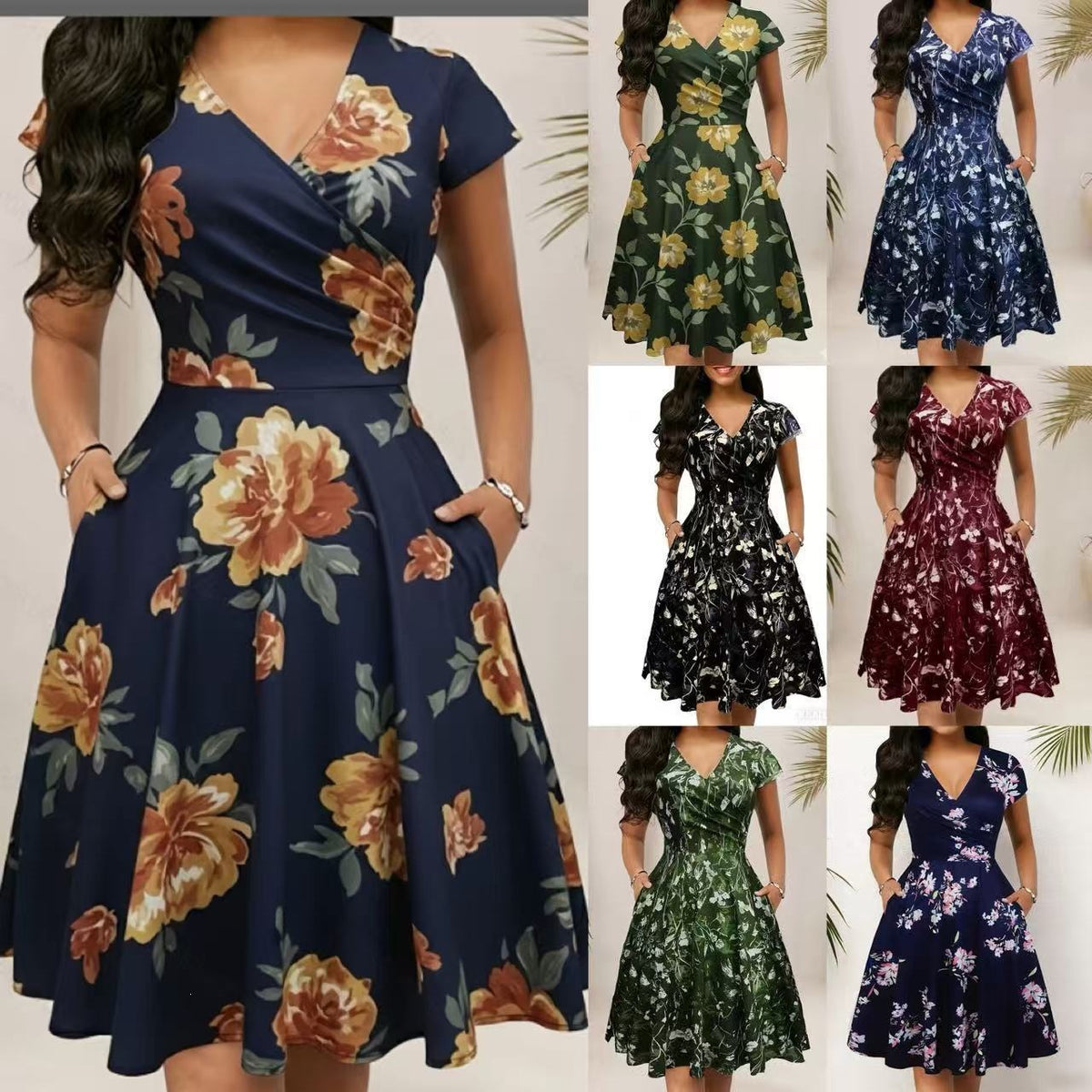 Women's trendy printed long dress with short sleeves